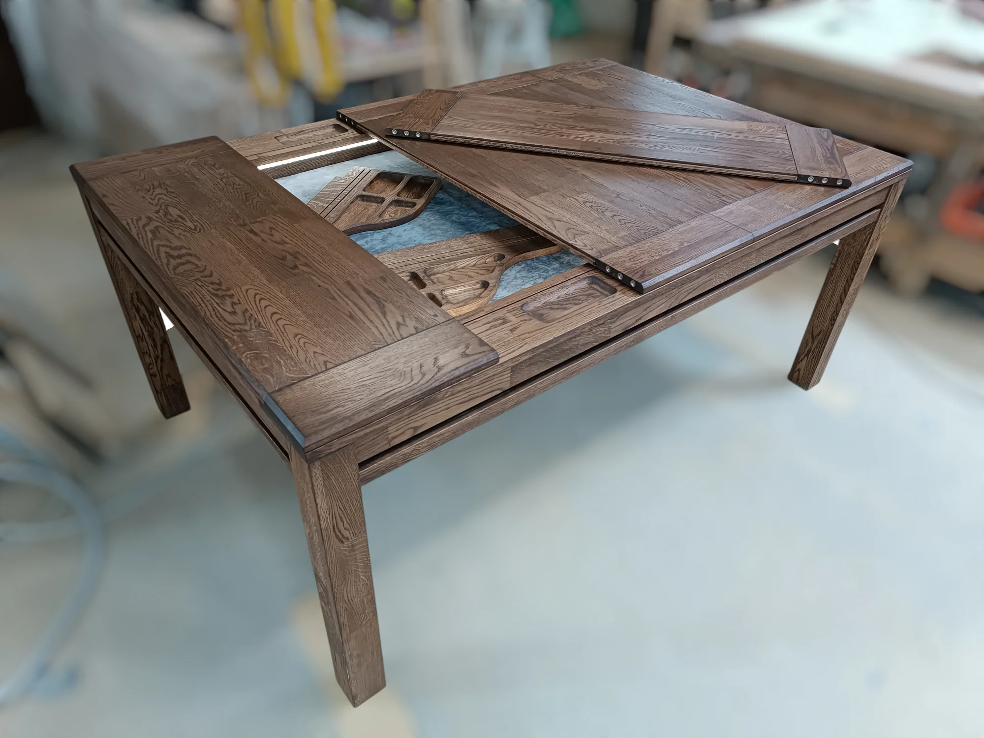 Sojourn – Custom Solid Oak Board Game Table with Magnetic Accessories Rail - Image 25